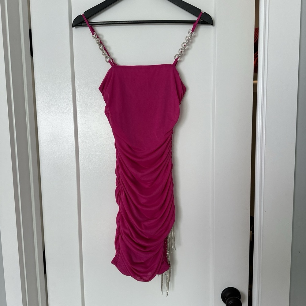 Hot Pink Mesh Cocktail Dress w rhinestone fringe and straps